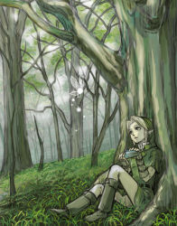 1boy androgynous blonde_hair blue_eyes boots fairy forest gloves green_hat hat instrument link male_focus nature navi nintendo ocarina pointy_ears sitting solo the_legend_of_zelda the_legend_of_zelda:_ocarina_of_time tree tunic