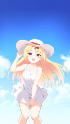 1girl :d akatsuki_uni alternate_costume arm_up armpit_crease bare_arms bare_shoulders blonde_hair blue_sky cloud collarbone commentary_request curtained_hair day dress dress_tug fang feet_out_of_frame floating_clothes floating_hair hair_ornament hairclip hand_on_headwear hat highres light_blush long_hair looking_at_viewer open_mouth outdoors red_eyes short_dress sky sleeveless sleeveless_dress smile solo sundress uni_create very_long_hair virtual_youtuber white_dress white_hat wide_brim yasudraw