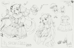 1girl 2017 asahi_kuroi basket big_dipper character_name dress frilled_dress frills gloves greyscale hair_between_eyes hair_ornament hair_ribbon hatsune_miku highres long_hair monochrome rabbit rabbit_yukine ribbon smile star_(symbol) striped_ribbon traditional_media translation_request twintails very_long_hair vocaloid yuki_miku