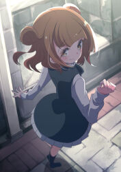 Rule 34 | 1girl, bad proportions, beatrice (princess principal), black dress, black socks, brown eyes, brown hair, double bun, dress, hair bun, honkawa works, long sleeves, princess principal, school uniform, shirt, short hair, smile, socks, solo, white shirt