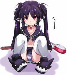 1girl arms_behind_back black_boots black_gloves black_hair black_shirt black_skirt boots cameltoe commentary_request crop_top female_focus gloves golf_club karukan_(monjya) knees_up kooh_(pangya) loli long_hair midriff miniskirt navel pangya panties pantyshot red_eyes ribbon shirt simple_background sitting skirt solo striped_clothes striped_panties thighhighs twintails underwear upskirt very_long_hair white_background white_thighhighs
