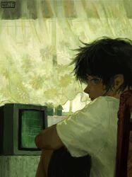 1boy absurdres black_hair black_shorts brown_eyes chair crt curtains feet_out_of_frame highres knees_up looking_back male_focus maomi_jita muted_color on_chair original painterly plant potted_plant scenery shirt short_hair shorts sideburns sitting solo white_shirt window_light