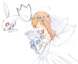 1girl artist_request bride dithering dress flower gen_2_pokemon head_wreath misty_(pokemon) nintendo orange_hair pokemon pokemon_(anime) pokemon_(creature) simple_background tears togetic wedding_dress white_background