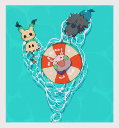 Rule 34 | = =, afloat, animal focus, black eyes, blank eyes, blue background, blush stickers, border, caustics, closed eyes, deino (pokemon), facing viewer, from above, full body, gen 5 pokemon, gen 6 pokemon, gen 7 pokemon, goomy, grey border, happy, lifebuoy, looking up, mimikyu, nintendo, no humans, open mouth, pokemon, pokemon (creature), rento, ripples, smile, solid oval eyes, swim ring, swimming, water