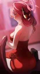 1girl :| absurdres ariari aru_(blue_archive) aru_(dress)_(blue_archive) ass back bag bare_shoulders blue_archive blush breasts brown_horns closed_mouth coat crystal_earrings curvy demon_horns dress earrings embarrassed flower flower_dress half_updo halo hand_in_own_hair hand_up handbag hickey highres holding holding_coat holding_unworn_clothes horn_ornament horns jewelry large_breasts looking_at_viewer official_alternate_costume pink_halo red_coat red_dress red_flower shade side_slit sidelighting sideways_glance sitting solo strapless strapless_dress sweat unworn_coat water_drop wavy_ends wispy_bangs