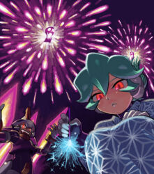 1boy 1girl blue_kimono brother_and_sister fire fireworks glowing glowing_eyes green_eyes japanese_clothes kimono kin_niku mega_man_(series) mega_man_zx model_w_(mega_man) night pandora_(mega_man) prometheus_(mega_man) purple_fire red_eyes robot_ears siblings