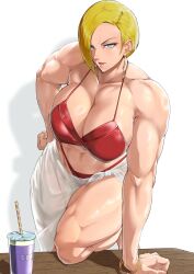 Rule 34 | 1girl, 2025, absurdres, arm support, ball, biceps, bikini, blonde hair, blue eyes, bracelet, breasts, cleavage, clenched hand, closed eyes, collarbone, commentary, cup, drinking straw, earrings, female focus, groin, hair over one eye, halterneck, hand on own hip, highres, jewelry, kureshi (hannzi), kyoka (kureshi), leg up, mature female, muscular, muscular female, muscular legs, navel, navel piercing, open mouth, original, piercing, red bikini, red lips, sarong, shiny skin, short hair, soccer ball, solo, swimsuit, table, thick thighs, thighs