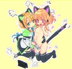 +++ 2girls ahoge animal_ear_headphones animal_ears black_shorts black_tail black_thighhighs blonde_hair blue_archive blue_bow blue_necktie blunt_bangs blush bow cat_ear_headphones cat_ears cat_tail cellphone chromatic_aberration clothed_female_nude_female collared_shirt commentary_request curled_fingers dildo fake_animal_ears fake_tail female_ejaculation flat_chest floating_hair full_body green_eyes green_jacket green_trim groin hair_bow hand_up hantoumei_namako head_steam headphones heart heart-shaped_pupils hitachi_magic_wand holding holding_sex_toy incest invisible_floor jacket kneeling kodomo_doushi loli long_sleeves looking_down looking_to_the_side low-tied_sidelocks medium_hair midori_(blue_archive) momoi_(blue_archive) multicolored_jacket multiple_girls multiple_hair_bows navel necktie nipples no_halo no_shoes nose_blush nude open_clothes open_jacket open_mouth outline parted_bangs phone pink_eyes pussy_juice raised_inner_eyebrows red_bow school_uniform sex_toy shirt short_shorts shorts siblings sidelocks simple_background sisters smartphone stiff_tail stomach symbol-shaped_pupils tail tail_around_waist tail_bow tail_ornament tail_raised tareme textless_version thighhighs tiptoes trembling twincest twins v-shaped_eyebrows vibrator white_jacket white_outline white_shirt wide_sleeves yellow_background yuri