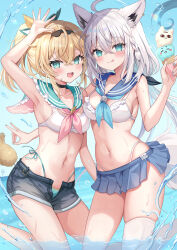 2girls ahoge alternate_costume animal_ears arm_up armpits bikini bikini_under_shorts black_choker black_shorts blonde_hair blue_skirt blue_sky blush breasts choker fox_ears fox_girl fox_tail green_eyes highleg highleg_bikini highres hololive kazama_iroha long_hair looking_at_viewer md5_mismatch medium_breasts miteiru_(shirakami_fubuki) multiple_girls navel open_mouth ponytail resolution_mismatch retsuto sailor_collar shirakami_fubuki short_shorts shorts single_thighhigh skirt sky small_breasts smile source_smaller swimsuit tail thighhighs tongue tongue_out virtual_youtuber wading water white_bikini white_hair white_sailor_collar white_thighhighs