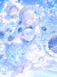 1girl :d ^_^ absurdres balloon black_ribbon blue_flower blue_sky closed_eyes cloud collared_dress commentary day dress eshi_100_nin_ten facing_viewer feet_out_of_frame flower food frilled_dress frills fruit hair_between_eyes hair_flower hair_ornament hat heart_balloon highres holding holding_flower neck_ribbon onineko open_mouth original ribbon short_sleeves sky smile solo strawberry white_dress white_flower white_hair white_hat