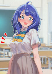 1girl ahoge blue_bow blue_bowtie blue_eyes blue_hair blurry blurry_background blush bow bowtie breasts classroom collared_shirt commentary_request cowboy_shot grey_skirt highres indoors kousan looking_at_viewer make_heroine_ga_oo_sugiru! medium_breasts medium_hair open_mouth pleated_skirt school_uniform shirt shirt_tucked_in skirt smile solo tsuwabuki_high_school_uniform white_shirt yanami_anna yellow_bow yellow_bowtie