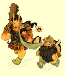 1boy 2girls beard black_hair blush brown_hair carrying carrying_person cat_girl cutystuffy dungeon_meshi dwarf facial_hair fake_horns hammock hanging_on_horn height_difference helmet highres horned_helmet horns inutade izutsumi long_beard long_hair missing_tooth monster_girl multiple_girls mustache oni running senshi_(dungeon_meshi) skin-covered_horns sleeping speech_bubble thick_mustache thought_bubble twintails very_long_beard