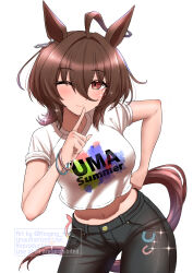 1girl ;) absurdres agnes_tachyon_(umamusume) ahoge animal_ears black_pants blush bracelet breasts brown_eyes brown_hair chemical_structure closed_mouth cowboy_shot crop_top crop_top_overhang cropped_shirt denim earrings hair_between_eyes hand_on_own_hip highres horse_ears horse_girl horse_tail huge_ahoge index_finger_raised jeans jewelry large_breasts looking_at_viewer medium_hair midriff navel one_eye_closed pants shirt shirt_overhang short_sleeves sidelocks simple_background single_earring sleeves_rolled_up smile solo sparkle standing tail uma_summer_(umamusume) umamusume watermark white_background white_shirt wolf_cut yuuki_(yu-ki0701)