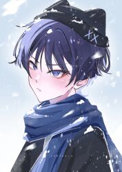 Rule 34 | 1boy, absurdres, alternate costume, animal ear headwear, artist name, beanie, black coat, black hat, blue scarf, blunt ends, blush, casual, closed mouth, coat, contemporary, eyelashes, eyeliner, eyeshadow, fake animal ears, genshin impact, grey sky, hair intakes, hat, highres, looking at viewer, makeup, male focus, outdoors, purple eyes, purple hair, red eyeliner, red eyeshadow, scaramouche (genshin impact), scarf, sky, snow on clothes, snow on head, snow on headwear, snowing, solo, winter clothes, winter coat, wispy bangs, zeefax u