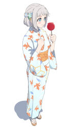 1girl animal_print artist_request blue_eyes blue_hair blush_stickers breasts candy_apple clenched_hands collarbone eyelashes feet female_focus fish_print food full_body gakuen_idolmaster geta hair_ornament hand_on_own_chest hands_up happy highres holding holding_candy_apple idolmaster japanese_clothes katsuragi_lilja kimono koi long_sleeves looking_at_food medium_breasts medium_hair multicolored_hair namco neck obi parted_bangs sash sidelocks simple_background smile standing streaked_hair toes white_background white_hair wide_sleeves yukata