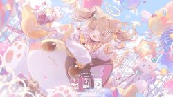 1girl animal_ears balloon blonde_hair blush cat cat_ears cat_girl cat_tail commission green_eyes highres long_sleeves medium_hair open_mouth original puffy_long_sleeves puffy_sleeves shirt smile solo tail teeth twintails umehara_sei upper_teeth_only white_shirt