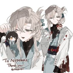 1girl black_hair black_sash blood blood_on_clothes blood_on_face blue_kimono braid chibi genderswap genderswap_(mtf) grey_eyes grey_hair hair_between_eyes jacket japanese_clothes kimono long_hair long_sleeves multiple_views obi one_eye_closed original rgb12800 sash smile twitter_username virtual_youtuber white_background