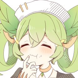 1girl 2657314861 blush chewing closed_eyes closed_mouth collarbone dragon_girl dragon_horns duel_monster frilled_hairband frills green_hair hairband highres horns long_hair maid parlor_dragonmaid simple_background smile solo twintails white_background yu-gi-oh!