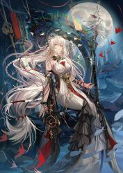 1girl absurdres arknights bare_shoulders braid chinese_commentary commentary_request dress fingernails full_body full_moon gold hair_between_eyes hair_ornament highres holding holding_staff long_dress long_hair moon nail_polish parted_lips red_eyes red_nails skadi_(arknights) skadi_the_corrupting_heart_(arknights) solo staff very_long_hair white_dress white_hair xuan_xuan_xuan_za