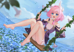 Rule 34 | 1girl, absurdres, artist name, bare shoulders, barefoot, blue eyes, blue sky, breasts, commentary request, cyrene (honkai: star rail), dress, feet, field, flower, flower field, hair ornament, highres, honkai: star rail, honkai (series), jewelry, li feng (user hvnc4748), looking at viewer, multicolored hair, necklace, on swing, pink hair, short hair, sky, small breasts, solo, swing, toes, two-tone hair, white dress, white hair
