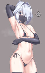 1girl areola_slip arm_behind_head arm_up armpits bikini black_bikini black_choker black_gloves black_mask black_thighhighs blue_eyes blush breasts choker collarbone covered_erect_nipples cowboy_shot elbow_gloves gloves grey_background grey_hair hair_intakes hair_over_one_eye highleg highres looking_at_viewer mask medium_breasts micro_bikini mouth_mask myouan navel ninja_mask original ponytail shirakami_itsuki short_hair side-tie_bikini_bottom simple_background skindentation solo spoken_squiggle squiggle steaming_body stomach string_bikini sweat swimsuit thighhighs variant_set