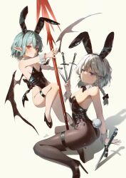 Rule 34 | 2girls, absurdres, animal ears, bare shoulders, bat wings, black leotard, black pantyhose, blue eyes, blue hair, blush, braid, breasts, expressionless, fake animal ears, hair between eyes, high heels, highres, holding, holding knife, izayoi sakuya, kneeling, knife, leotard, medium breasts, medium hair, multiple girls, pantyhose, playboy bunny, pointy ears, rabbit ears, rabbit tail, red eyes, remilia scarlet, small breasts, spear the gungnir, sweatdrop, tail, thigh strap, touhou, twin braids, vampire, white background, white hair, wings, ycl 060