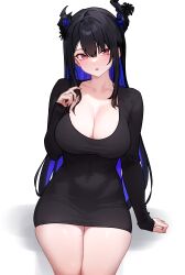 1girl absurdres alternate_costume asymmetrical_horns black_hair blue_hair bluefield blush breasts cleavage colored_inner_hair demon_horns flower hair_ornament highres hololive hololive_english horn_flower horns large_breasts long_hair looking_at_viewer mole mole_under_eye multicolored_hair nerissa_ravencroft red_eyes simple_background solo two-tone_hair uneven_horns very_long_hair virtual_youtuber white_background