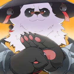 1boy animal_ears bara bell black_fur bracelet chinese_clothes claws close-up closed_mouth commentary furry furry_male highres jewelry jingle_bell looking_at_viewer male_focus multicolored_fur multiple_rings numpla pan_yinhu panda_boy panda_ears pawpads plump ring round_eyewear shirt smile spiked_bracelet spikes symbol-only_commentary white_fur wok yellow_shirt zenless_zone_zero