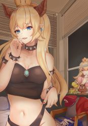 2girls 2others armlet bare_shoulders bed black_panties blonde_hair blouse blue_eyes bowsette bracelet breasts breasts_apart bustier character_doll cleavage collar cowboy_shot creture crown doll earrings facing_viewer fangs frontal_wedgie gloves goomba high_ponytail highres horns indoors jealous jewelry koopa looking_at_viewer mario_(series) medium_breasts mouth_hold multiple_girls multiple_others navel new_super_mario_bros._u_deluxe nintendo nurumaru_yu overalls panties panty_pull pillow pointy_ears ponytail princess princess_peach red_shirt ring shirt shoes small_breasts smile spiked_armlet spiked_bracelet spiked_collar spikes standing stuffed_toy super_crown underwear unworn_clothes wedgie window window_blinds