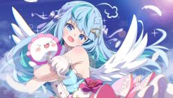 1girl absurdres ahoge angel_wings bare_shoulders blue_eyes blue_hair blush bow breasts commission detached_sleeves dress feathered_wings feathers green_hair hair_bow hair_ornament hair_ribbon heart highres lens_flare long_hair looking_at_viewer multicolored_hair open_mouth original ribbon shiro9jira skeb_commission sky smile solo streaked_hair two-tone_hair upper_body white_feathers white_wings wings