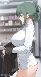 1girl blurry blurry_background breasts fanbox_username green_hair highres indoors jjune large_breasts looking_down mole mole_under_mouth naked_shirt original patreon_username pussy_juice red_eyes shirt short_hair solo standing thighs white_shirt