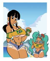 2girls aqua_hair black_eyes black_hair brazilian_miku breasts chi-chi_(dragon_ball) closed_eyes double_v dragon_ball glasses hatsune_miku highres large_breasts looking_at_viewer medium_breasts multiple_girls smile tan tanline underboob v vocaloid