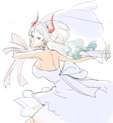 1girl bouquet bridal_veil closed_mouth commentary dress flower highres holding holding_bouquet horns one_piece orange_eyes ponytail raine_(acke2445) red_horns sidelocks simple_background solo veil white_background white_dress white_hair yamato_(one_piece)
