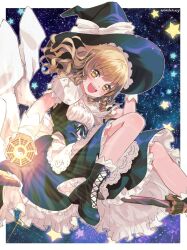 Rule 34 | 1girl, arm up, artist name, back bow, bagua, black boots, black dress, black hat, blonde hair, boots, border, bow, breasts, broom, broom riding, capelet, commentary, curiosities of lotus asia, dress, frilled dress, frills, gloves, glowing, hand on headwear, hat, hat bow, highres, holding, kirisame marisa, kuroda (kuro yyy), layered sleeves, long hair, looking at viewer, mini-hakkero, official alternate costume, open mouth, outside border, short sleeves, signature, sky, small breasts, smile, solo, star (sky), star (symbol), starry sky, teeth, touhou, trigram, upper teeth only, white border, white bow, white capelet, white gloves, witch hat, yellow eyes, yin yang