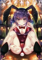 1girl absurdres alcohol animal_ears artist_name ass bar_(place) bare_shoulders black_leotard blush bottle bow bowtie breast_press breasts cleavage closed_mouth counter covered_navel cup dark deep_skin detached_collar drinking_glass eyelashes fake_animal_ears female_focus fisheye full_body glass glint grabbing_own_ass hair_bow hair_ornament half-closed_eyes hands_on_ass high_heels highleg highleg_leotard highres indoors knees_to_chest knees_up large_breasts legs_up leotard looking_back melonbooks original pink_lips playboy_bunny presenting purple_hair rabbit_ears rabbit_tail red_bow red_bowtie red_footwear red_leotard scan shelf shimaji shiny_clothes shiny_skin short_hair sitting sitting_on_table solo sparkle spread_ass strapless strapless_leotard tail wine_bottle wine_glass wing_collar wrist_cuffs yellow_eye