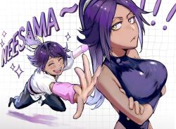 ! !! 1boy 1girl arms_under_breasts bare_shoulders black_pants bleach bleach:_sennen_kessen-hen breasts brother_and_sister crossed_arms dark-skinned_female dark_skin english_text hair_ornament happy highres large_breasts long_hair open_mouth pants ponytail purple_hair shihouin_yoruichi shihouin_yuushirou siblings uno_0a yellow_eyes