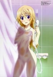 Rule 34 | 10s, absurdres, blonde hair, charlotte dunois, highres, infinite stratos, jewelry, necklace, purple eyes, scan, see-through clothes, shower