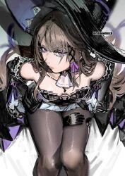 1girl black_dress black_hat black_pantyhose breasts brown_hair closed_mouth detached_sleeves dress from_above hat herta_(honkai:_star_rail) highres honkai:_star_rail honkai_(series) long_hair long_sleeves looking_at_viewer looking_up otimusyairoha pantyhose purple_eyes sitting sleeveless sleeveless_dress small_breasts solo the_herta_(honkai:_star_rail) witch_hat