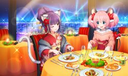 2girls :d animal_ear_fluff animal_ears artist_request blue_eyes blunt_bangs bottle bow bow-shaped_hair candle cat_ears cat_girl cat_tail chair city cup darudayu_(show_by_rock!!) drinking_glass eyeshadow floral_print flower food fur-trimmed_kimono fur_trim hair_flower hair_ornament hair_stick holding holding_food holding_knife indoors japanese_clothes kimono knife lens_flare makeup mouse_ears mouse_girl mouse_tail multicolored_hair multiple_girls night night_sky obi obijime off-shoulder_sweater off_shoulder official_art on_chair one_eye_closed open_mouth pink_hair pink_sweater plate purple_hair red_eyeshadow red_kimono red_skirt restaurant sash shirt short_hair short_twintails show_by_rock!! sitting skirt sky smile sparkle star_(sky) starry_sky steak streaked_hair sweater table tablecloth tail tail_bow tail_ornament third-party_source twintails un_(show_by_rock!!) upper_body white_shirt wine_glass yellow_eyes