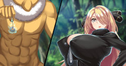 1girl absurdres black_eyes blonde_hair blurry blurry_background breasts cleavage colored_skin covered_erect_nipples creatures_(company) cynthia_(pokemon) forest fur_collar game_freak gen_1_pokemon hair_over_one_eye hand_up heart heart-shaped_pupils highres holding holding_pendulum huge_breasts hypno hypnosis kawahagitei long_hair looking_at_viewer mind_control multiple_views nature nintendo outdoors parted_lips pendulum pokemon pokemon_(creature) pokemon_dppt serious standing symbol-shaped_pupils tree upper_body yellow_skin