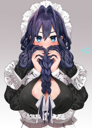 1girl black_shirt blue_eyes blue_hair blush braid breasts commentary_request covered_erect_nipples covering_own_mouth double-parted_bangs festa11307070 grey_background hair_intakes hololive hololive_english long_hair looking_at_viewer maid ouro_kronii ouro_kronii_(maid) purple_hair shirt signature solo sweat tiara twin_braids virtual_youtuber