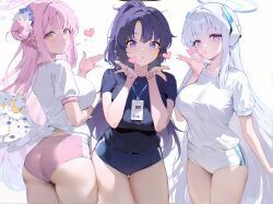 3girls absurdres angel_wings ass blowing_kiss blue_archive blue_buruma blush breasts buruma commission feathered_wings flower gym_uniform hair_bun hair_ornament halo highres karachiiy large_breasts long_hair looking_at_viewer low_wings mechanical_halo mika_(blue_archive) multiple_girls noa_(blue_archive) pink_hair pink_halo pixiv_commission ponytail purple_eyes purple_hair scrunchie shirt short_sleeves simple_background single_side_bun star_sticker sticker_on_face very_long_hair white_background white_hair white_wings wings yellow_eyes yuuka_(blue_archive) yuuka_(track)_(blue_archive)