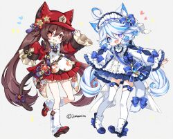 2girls :d animal_hat blue_eyes blue_hair blush boots brown_hair cat_tail chibi commentary_request dress full_body furina_(genshin_impact) genshin_impact grey_background grey_hair grin hat heterochromia highres hu_tao_(genshin_impact) juna long_sleeves multicolored_hair multiple_girls open_mouth pleated_dress puffy_long_sleeves puffy_sleeves purple_eyes red_dress red_eyes red_footwear red_hat shoe_soles simple_background sleeves_past_fingers sleeves_past_wrists smile socks streaked_hair tail thighhighs twintails twitter_username white_dress white_footwear white_socks white_thighhighs