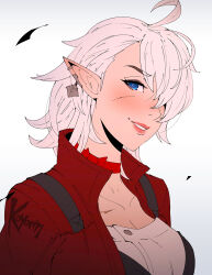 aged_up ahoge alisaie_leveilleur artist_name blue_eyes blush breasts choker earclip elezen elf facial_scar final_fantasy final_fantasy_xiv grey_hair hair_over_one_eye highres jacket koyorin lips long_hair looking_at_viewer medium_breasts open_clothes open_jacket pointy_ears red_choker scar scar_on_cheek scar_on_chest scar_on_face upper_body white_background
