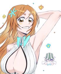 Rule 34 | 1boy, 1girl, arms behind head, bare shoulders, bleach, bleach: sennen kessen-hen, blonde hair, breasts, brown eyes, cleavage, cleavage cutout, clothing cutout, hair ornament, hairclip, hat, highres, inoue orihime, large breasts, long hair, looking at viewer, n (nauki 11), orange hair, teeth, urahara kisuke, white background