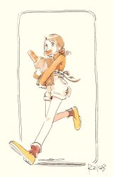 Rule 34 | 1girl, bag, baguette, blush, bread, bread bun, brown background, brown hair, brown shorts, commentary request, drill hair, drill ponytail, fang, floating hair, food, food in mouth, full body, hair ornament, hair scrunchie, highres, holding, holding bag, idolmaster, idolmaster cinderella girls, imay3927, long hair, long sleeves, looking at viewer, low ponytail, ohara michiru, orange eyes, orange sweater, paper bag, ponytail, red socks, ribbed sweater, running, scrunchie, shoes, short shorts, shorts, simple background, skin fang, smile, socks, solo, sweater, yellow shoes