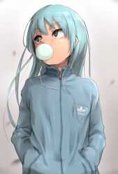 Rule 34 | 1girl, adidas, blowing bubble gum, blue hair, blue jacket, borrowed character, chewing gum, commentary request, earphones, grey eyes, hands in pockets, hanenashi, jacket, looking to the side, original, solo, track jacket, upper body