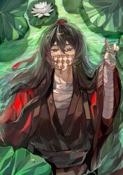 1boy absurdres afloat bandaged_arm bandaged_chest bandaged_hand bandages black_hair black_hanfu black_nails chinese_clothes chinese_commentary coat coin coin_mask coin_on_string covered_mouth dao_gui_yi_xian eyelashes flower hair_between_eyes hair_bun hair_ribbon half-closed_eyes half_updo hand_up hanfu highres holed_coin leaf li_huowang long_hair long_sleeves looking_at_viewer lotus lotus_leaf lying male_focus mask mouth_veil nail_polish on_back open_clothes open_coat partially_submerged red_coat red_eyes red_ribbon ribbon robe sash sidelocks single_hair_bun solo upper_body veil water wet wet_clothes wet_hair white_flower wide_sleeves xinjinjumin540360473179