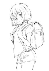 Rule 34 | 1girl, absurdres, backpack, bag, blush, bob cut, commentary request, cowboy shot, dolphin shorts, greyscale, highres, kuroki yuushin, looking at viewer, monochrome, original, parted lips, randoseru, shirt, short hair, short sleeves, shorts, simple background, solo, t-shirt, white background