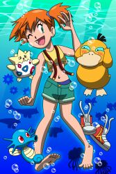1girl absurdres barefoot blue_shorts bubble creatures_(company) dewgong game_freak gen_1_pokemon gen_2_pokemon hair_ornament highres horsea misty_(pokemon) nintendo ocean one_eye_closed orange_hair pokemon pokemon_(anime) pokemon_(classic_anime) psyduck seaking shirt shoes unworn_shoes shorts smile soles staryu suspenders tentacruel toes togepi tomboy yellow_shirt